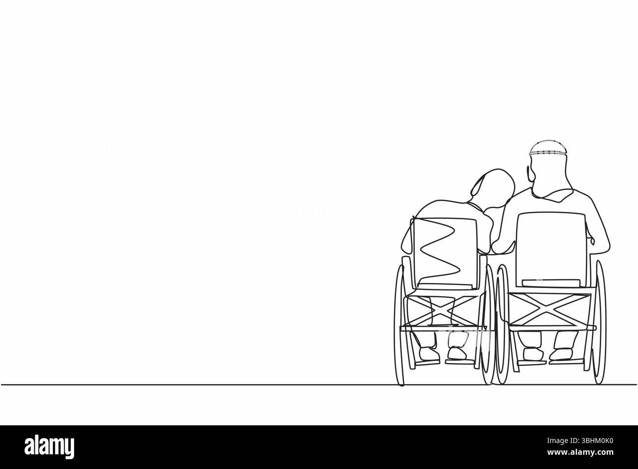 Simple une ligne dessin arrière couple arabe avec handicap assis dans des fauteuils roulants se parlant. Femme repose sa tête sur l'épaule de l'homme. Les gens Illustration de Vecteur