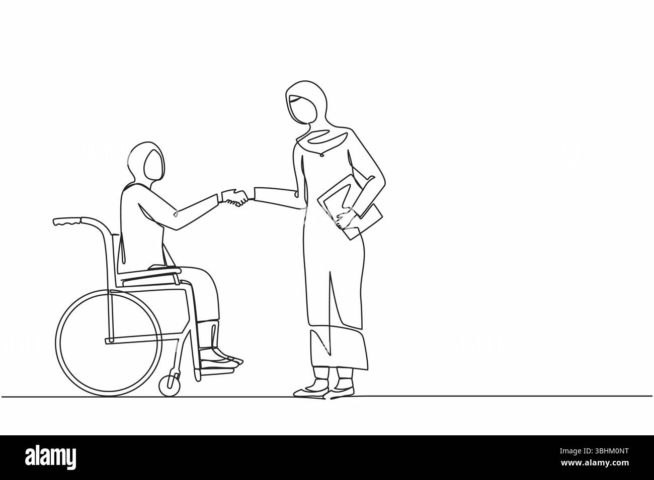 Simple ligne continue dessinant handicapée femme d'affaires arabe en fauteuil roulant serrant la main avec le partenaire commercial. Dialogue du gestionnaire d'invalidité avec Busin Illustration de Vecteur