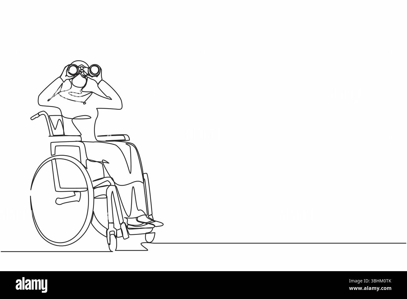 Simple une ligne dessinant femme d'affaires arabe réussie en fauteuil roulant avec jumelles cherche de nouvelles idées, solutions, décisions. Découvrir les opportunités c Illustration de Vecteur