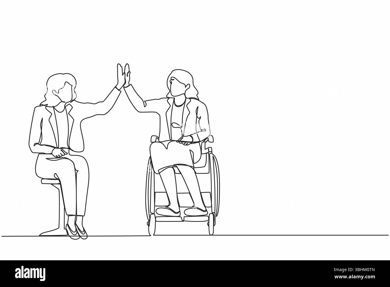Ligne continue unique dessinant mignonne femme d'affaires avec handicap qui utilisent le fauteuil roulant donnant haut cinq au directeur financier dans la finance et l'investissement A. Illustration de Vecteur
