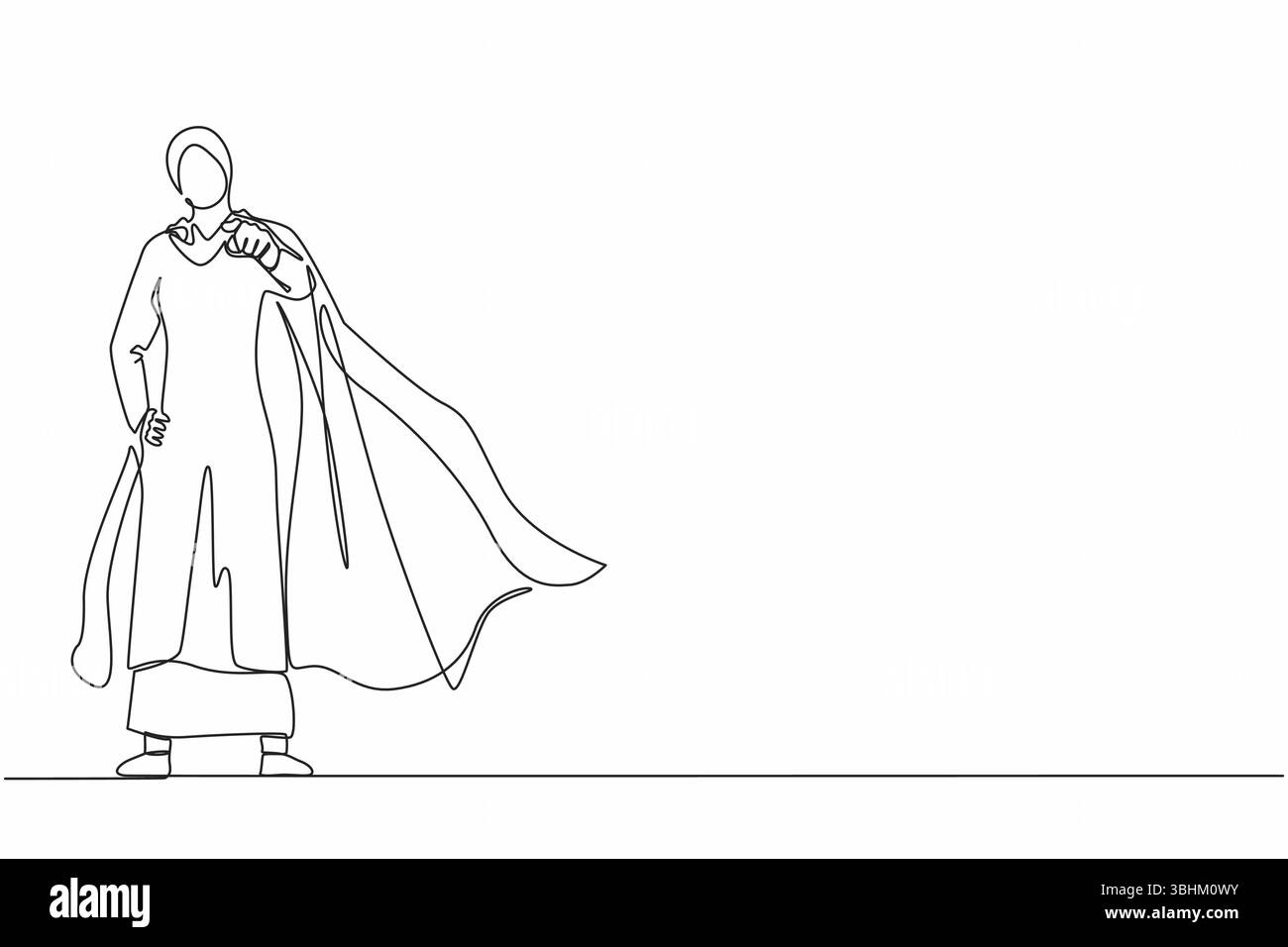 Simple une ligne dessinant le leadership femme d'affaires arabe en manteau de super-héros. Chef ou patron pointant des objectifs de direction, vise à définir des développeurs de stratégie Illustration de Vecteur