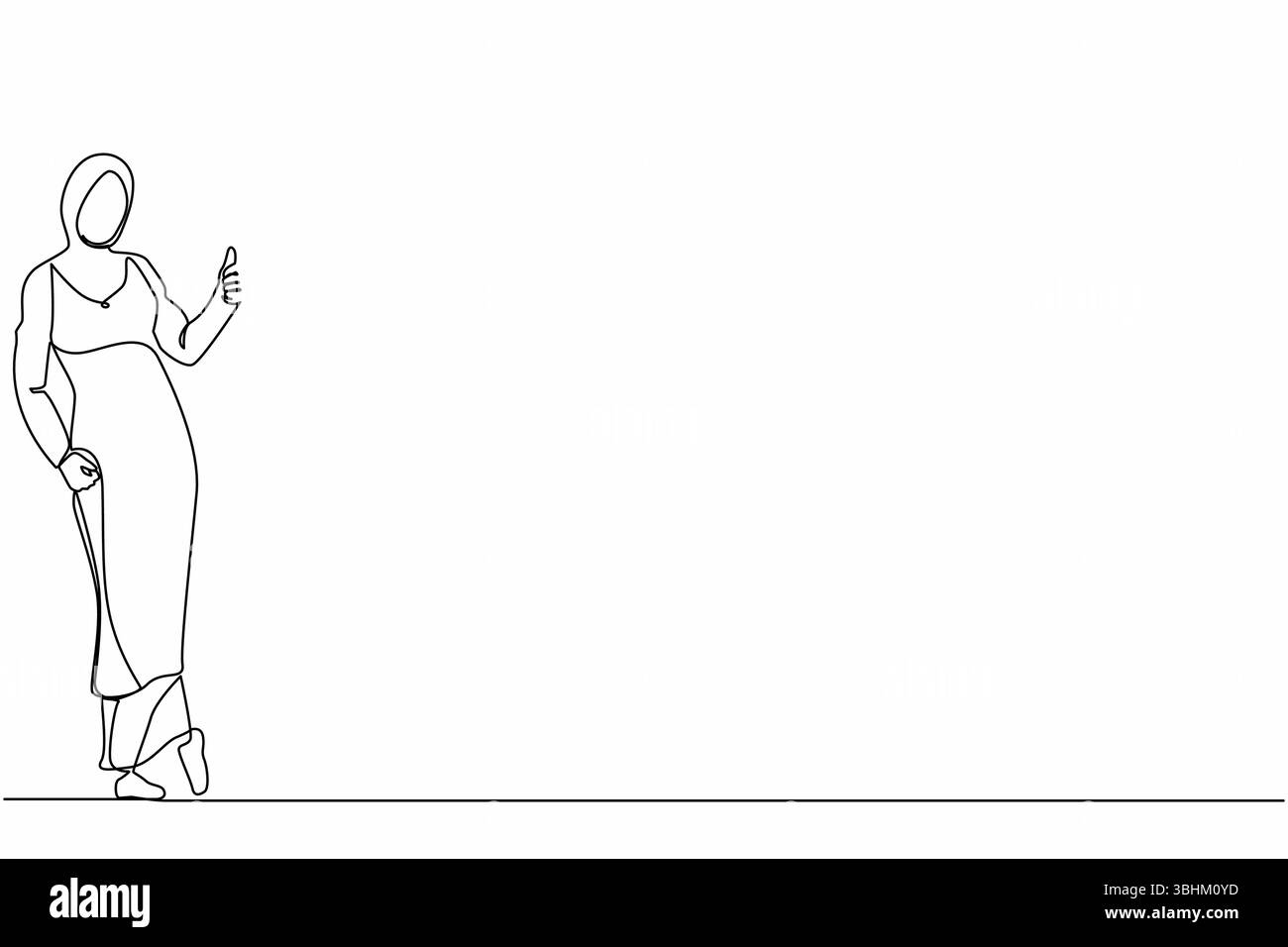Une seule ligne continue dessinant une femme d'affaires arabe habillée en hijab portant le signe pouces vers le haut et appuyée contre le mur. Deal, like, D'accord, app Illustration de Vecteur