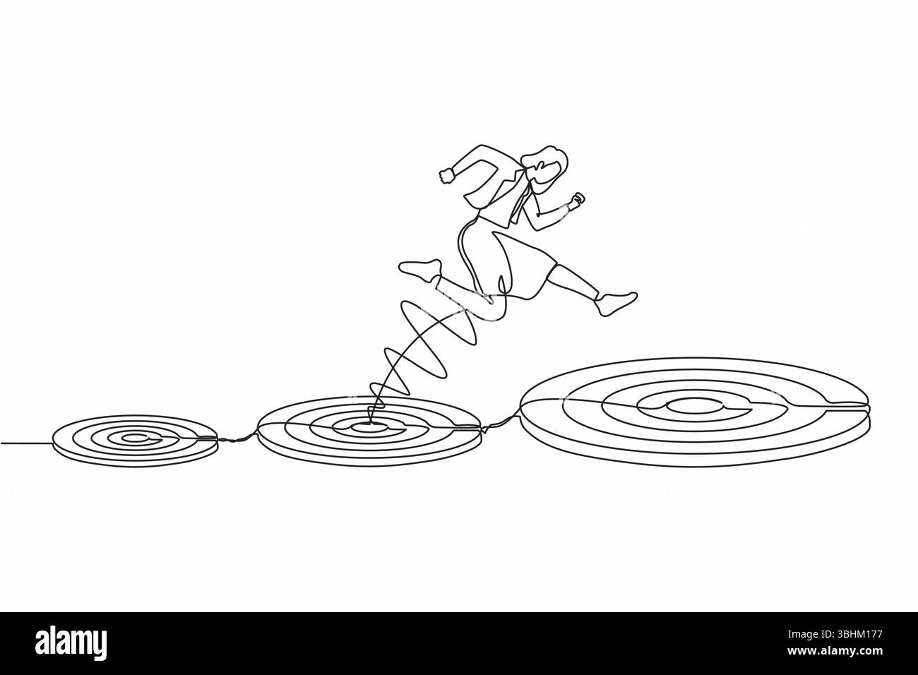 Simple une ligne dessinant femme d'affaires sautant sur une plus grande cible, avec succès. Avancement dans la carrière ou concept de croissance d'entreprise. Aspiration et motivation Illustration de Vecteur