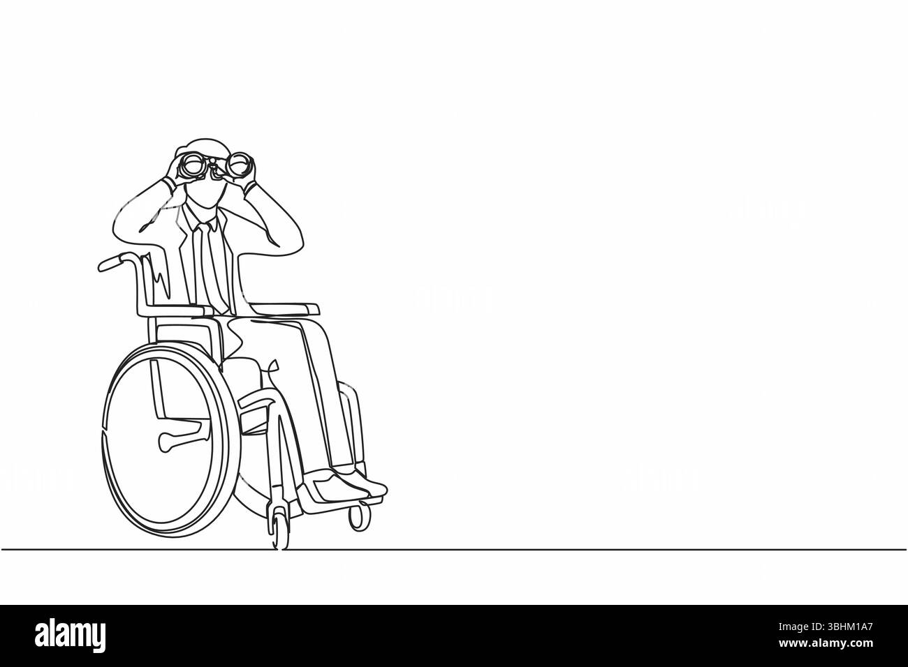 Continu une ligne dessinant homme d'affaires réussi en fauteuil roulant avec jumelles cherche de nouvelles idées, solutions et décisions. Découvrez les opportunités Illustration de Vecteur