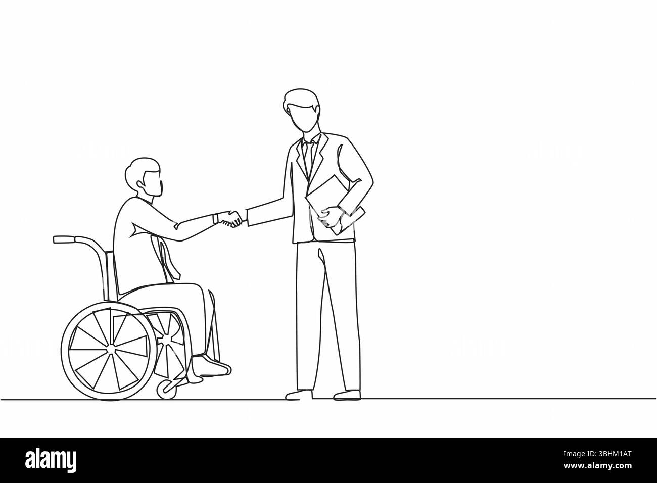 Simple ligne continue dessinant homme d'affaires handicapé en fauteuil roulant serrant la main avec partenaire commercial ou patron. Le responsable blessé dialogue avec l'entreprise c Illustration de Vecteur