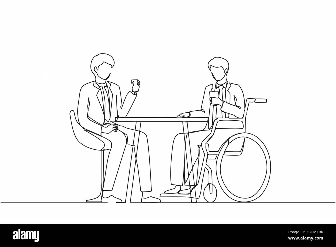 Les gars dessinant une seule ligne passent du temps ensemble. Deux hommes d'affaires parlent lors d'une réunion d'affaires. Les collègues ont une pause café. Un homme handicapé boit du café Illustration de Vecteur