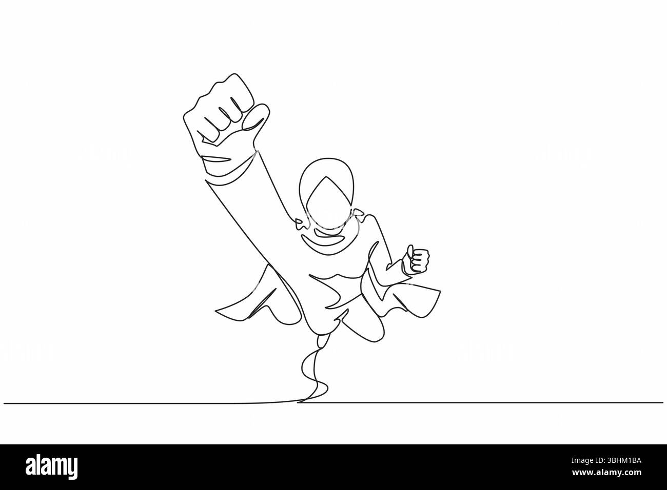 Simple une ligne dessinant superhéros arabe femme d'affaires portant une cape. Chef du manager volant avec le bras tendu et le poing serré. Super femme d'affaires voler f Illustration de Vecteur