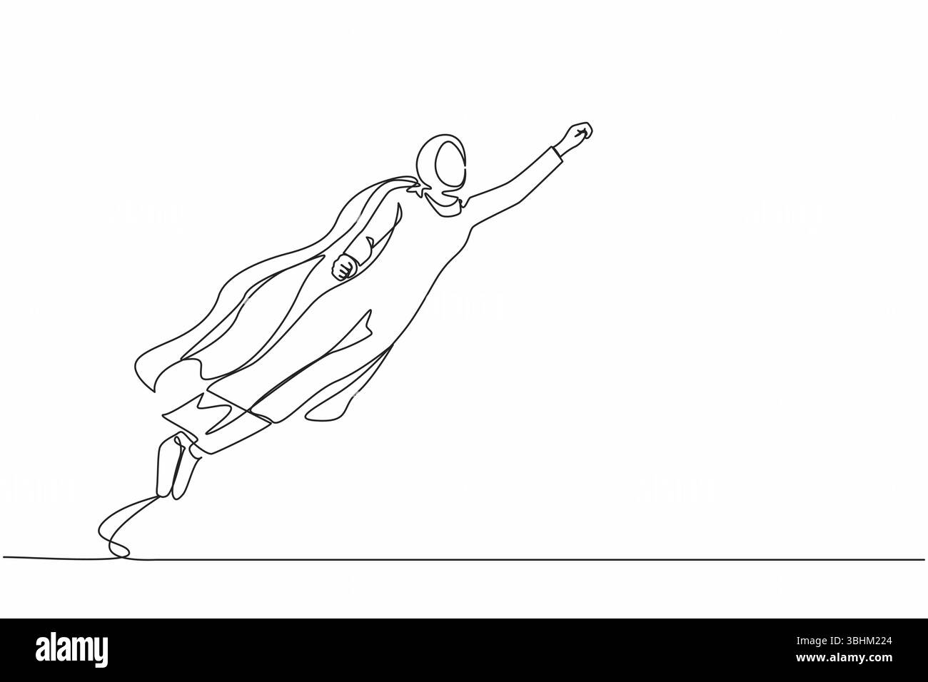 Une seule ligne continue dessinant une femme d'affaires super arabe a levé le poing et voler dans les airs. Super-héros des affaires, financier, croissance, carrière, leader Illustration de Vecteur
