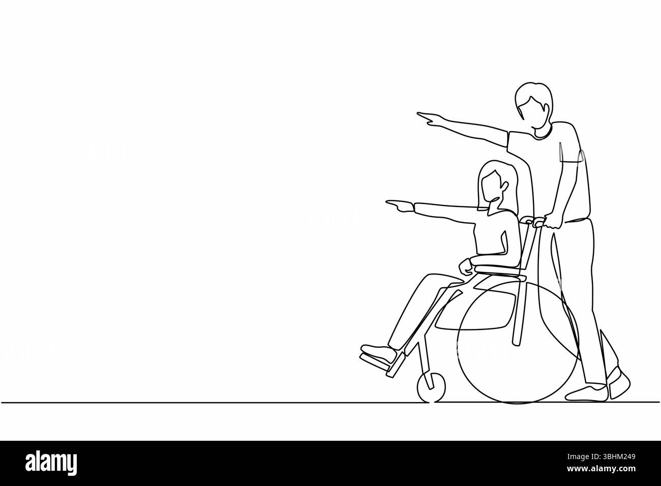 Simple ligne continue dessinant femme heureuse amusez-vous en plein air, pointant au parc avec mari. Homme soignant poussant la femme sur le fauteuil roulant, profiter de la voiture de santé Illustration de Vecteur
