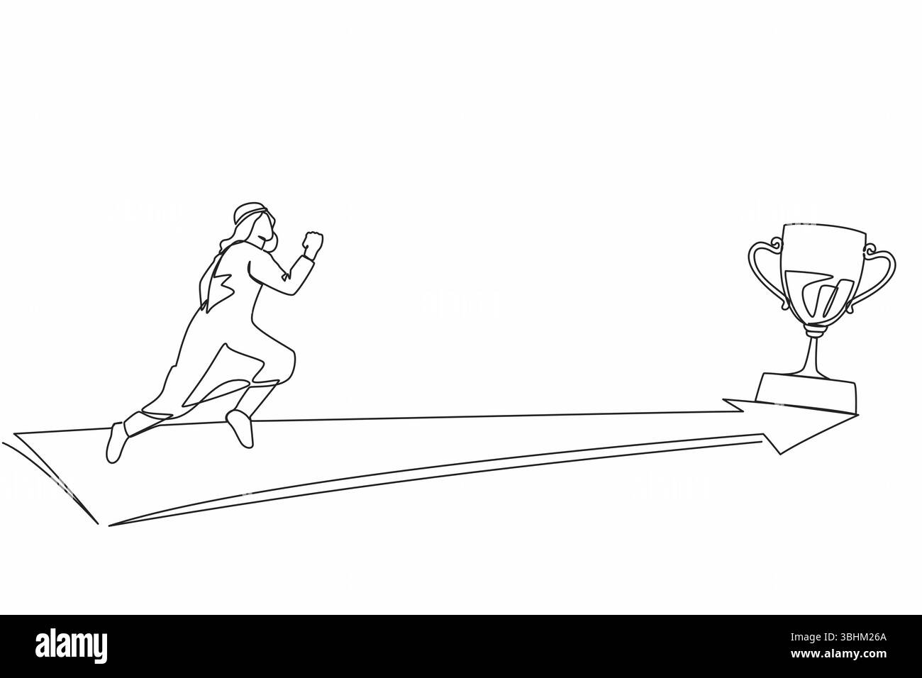 Continue d'une ligne dessinant homme d'affaires arabe courant à trophée d'or. Direction commerciale et vision de la mission. Objectif, succès, développement, victoire. S Illustration de Vecteur