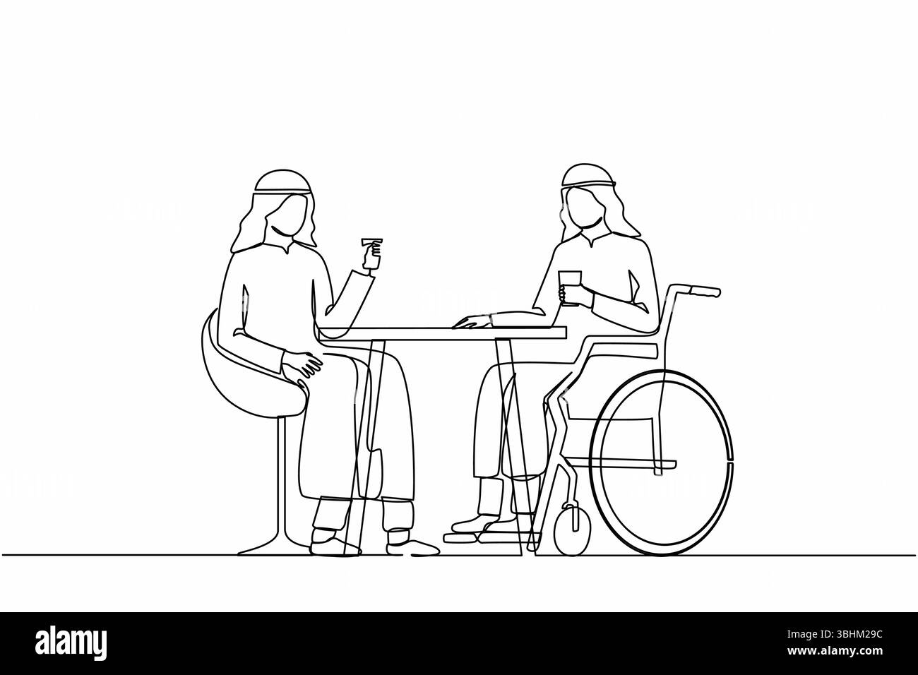 Simple une ligne dessinant deux hommes d'affaires arabes parlent à la réunion d'affaires. Les collègues ont une pause café. Un homme handicapé boit du café avec son ami. Illustration de Vecteur