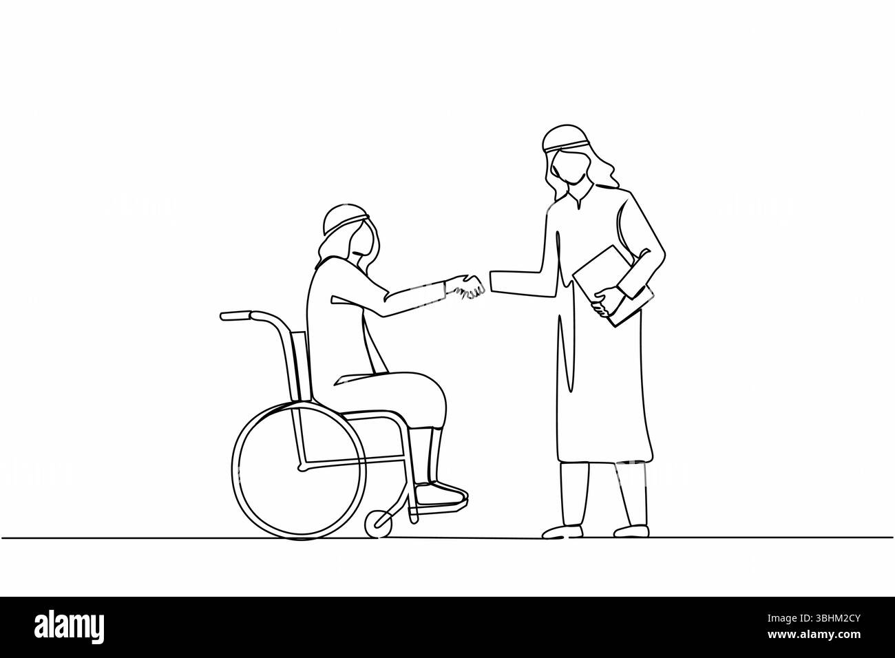 Simple ligne continue dessinant handicapé homme d'affaires arabe en fauteuil roulant serrant la main avec le partenaire commercial. Dialogue entre les gestionnaires d'invalidité et les entreprises Illustration de Vecteur