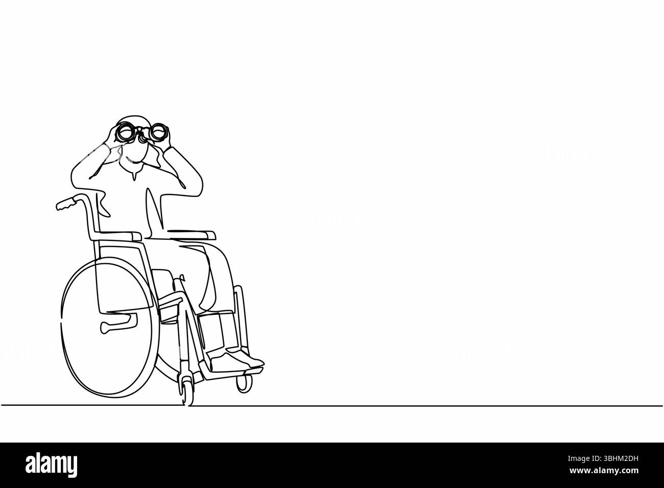 Continu une ligne dessinant l'homme d'affaires arabe réussi en fauteuil roulant avec jumelles cherche de nouvelles idées, solutions, décisions. Découvrez les opportunités Illustration de Vecteur