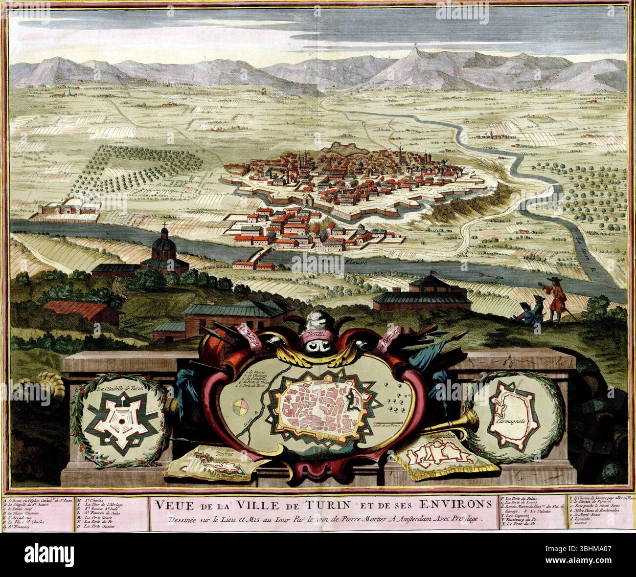 Carte antique de Turin, Italie Atlas des fortifications et des batailles, par Anna Beek et Gaspar Baillieu, publié à l'origine au XVIIIe siècle. Banque D'Images