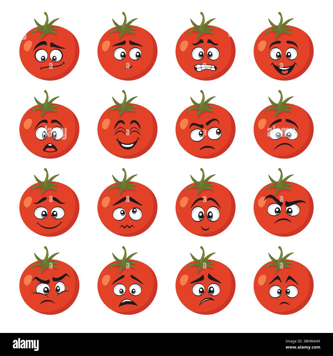 Vector Funny Tomato Character faces avec Cartoon expressions. Ensemble visage de tomate montrant des émotions. Conception pour enfants, autocollants alimentaires mignons, éducation, émotion Illustration de Vecteur
