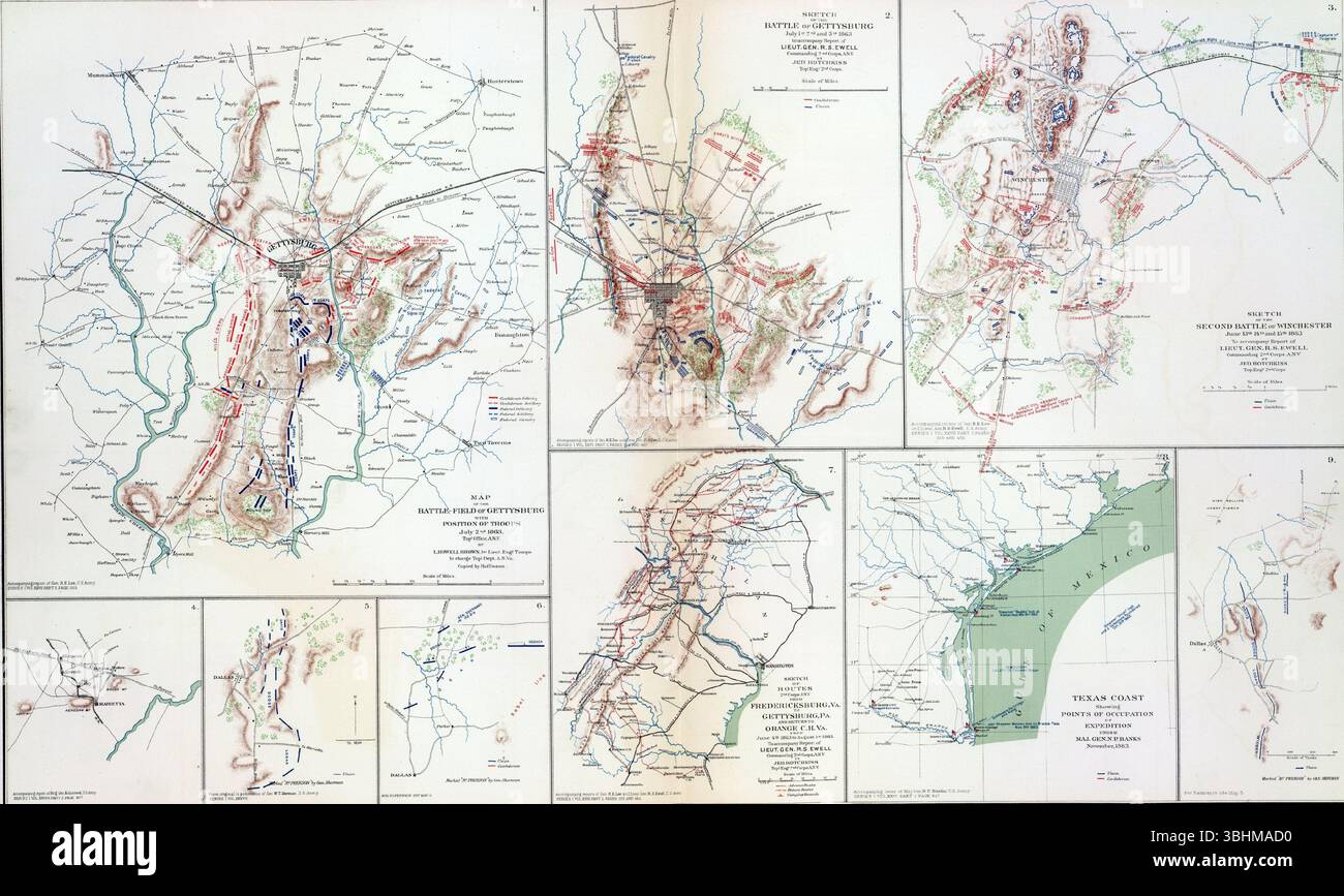 Cartes de bataille vintage de la guerre de Sécession mettant en évidence les engagements de Gettysburg et North Anna River, datant de la période de conflit de 1861-1865. SEATTLE - 1 MARS 2025 - Banque D'Images Cartes de bataille vintage de la guerre de Sécession mettant en évidence les engagements de Gettysburg et North Anna River, datant de la période de conflit de 1861-1865. SEATTLE - 1 MARS 2025 - Banque D'Images