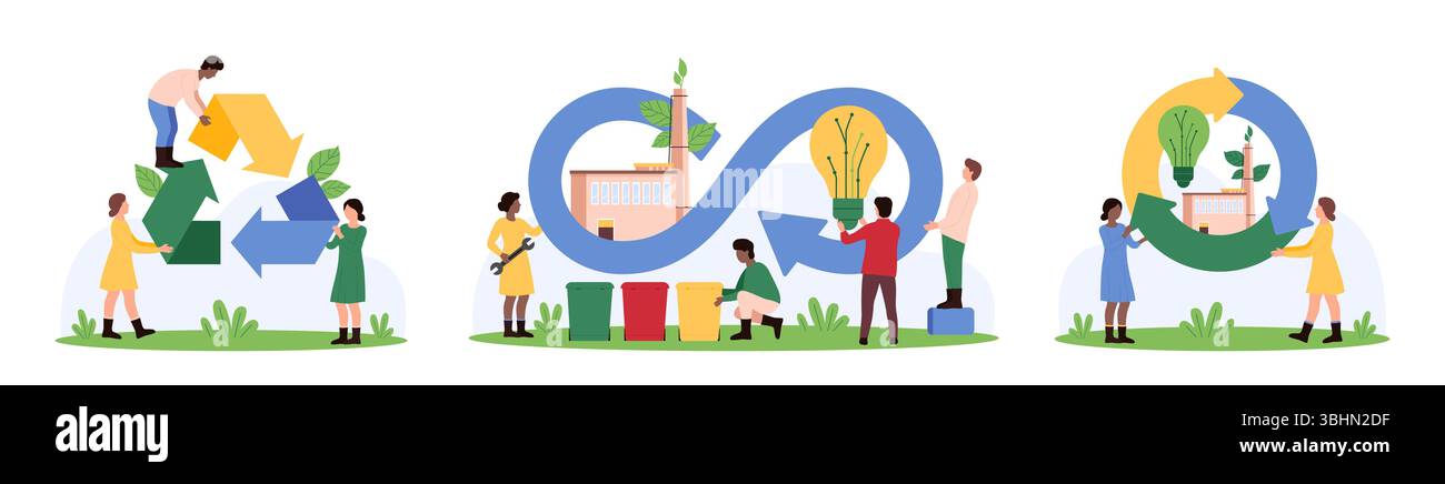 Économie circulaire, gestion des déchets, technologie durable pour recycler et réutiliser les matériaux. De minuscules personnes tenant l'infini et recyclant des signes avec l'usine et la feuille à l'intérieur de l'illustration vectorielle de dessin animé Illustration de Vecteur