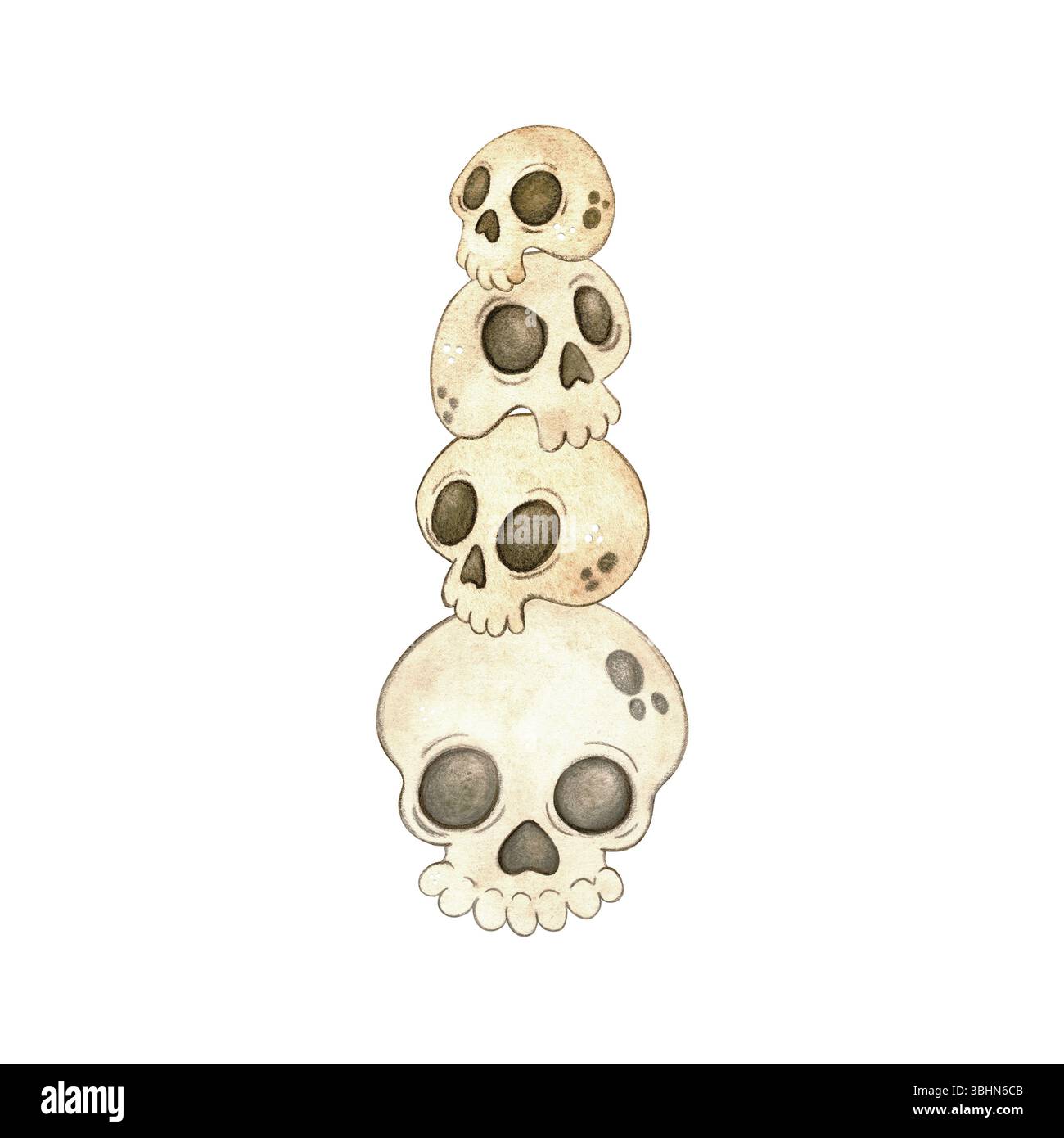Tour de crânes blancs. Illustration aquarelle dessinée à la main, dessin animé. Dessin pour autocollants, scrapbooking, cartes. jour férié, jour des morts, halloween Banque D'Images