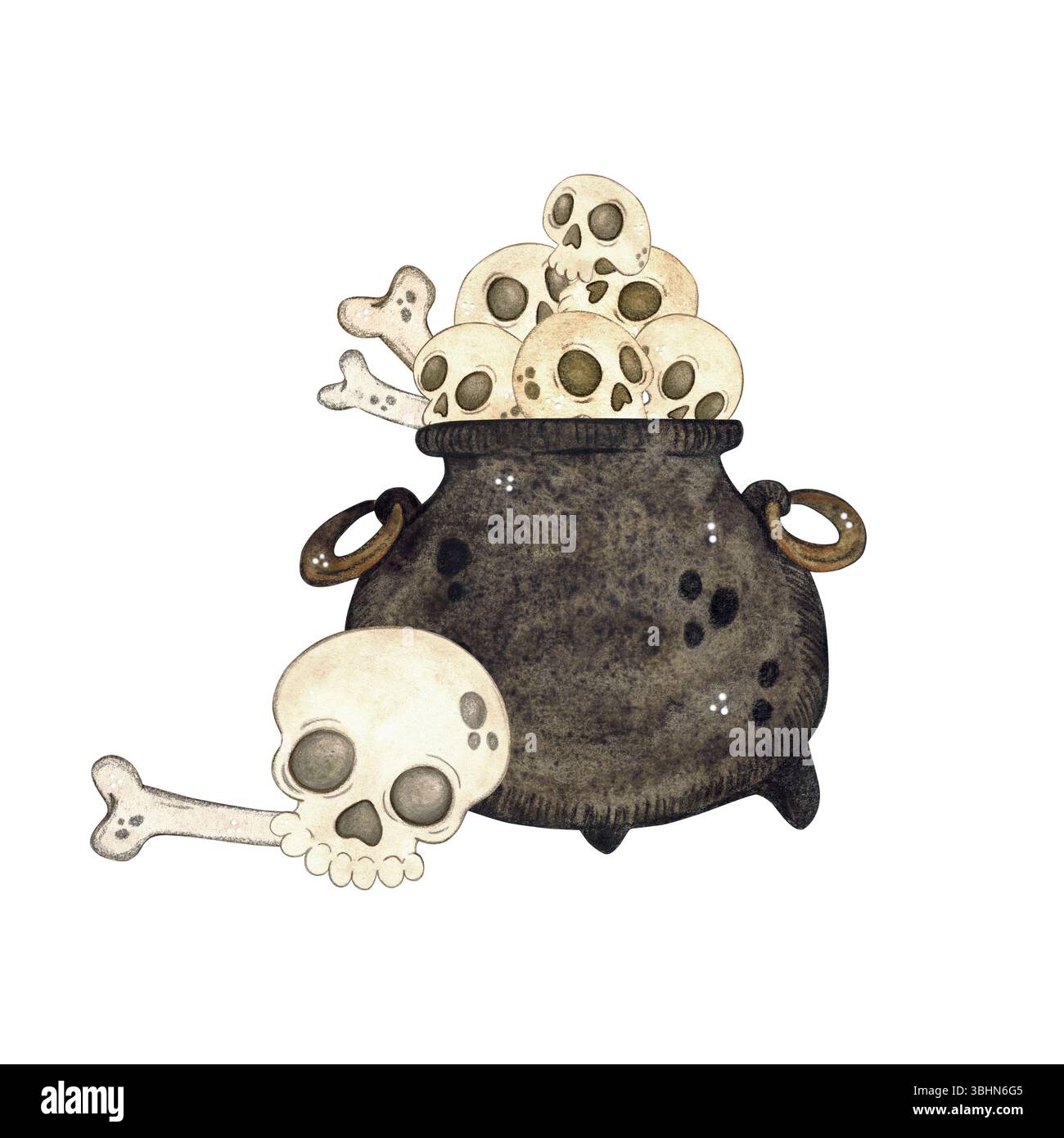 Composition avec un poulain plein de crânes et d'os. Illustration aquarelle dessinée à la main, dessin animé. Dessin pour autocollants, scrapbooking, cartes. vacances Banque D'Images