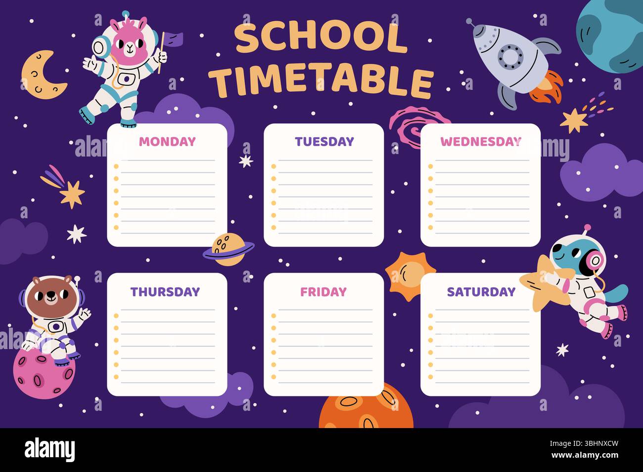 Programme des astronautes animaux. Personnages de faune mignons avec des combinaisons spatiales, gravité zéro, planètes, fusée de dessin animé, étoile et planètes, horaire scolaire, enfants Illustration de Vecteur