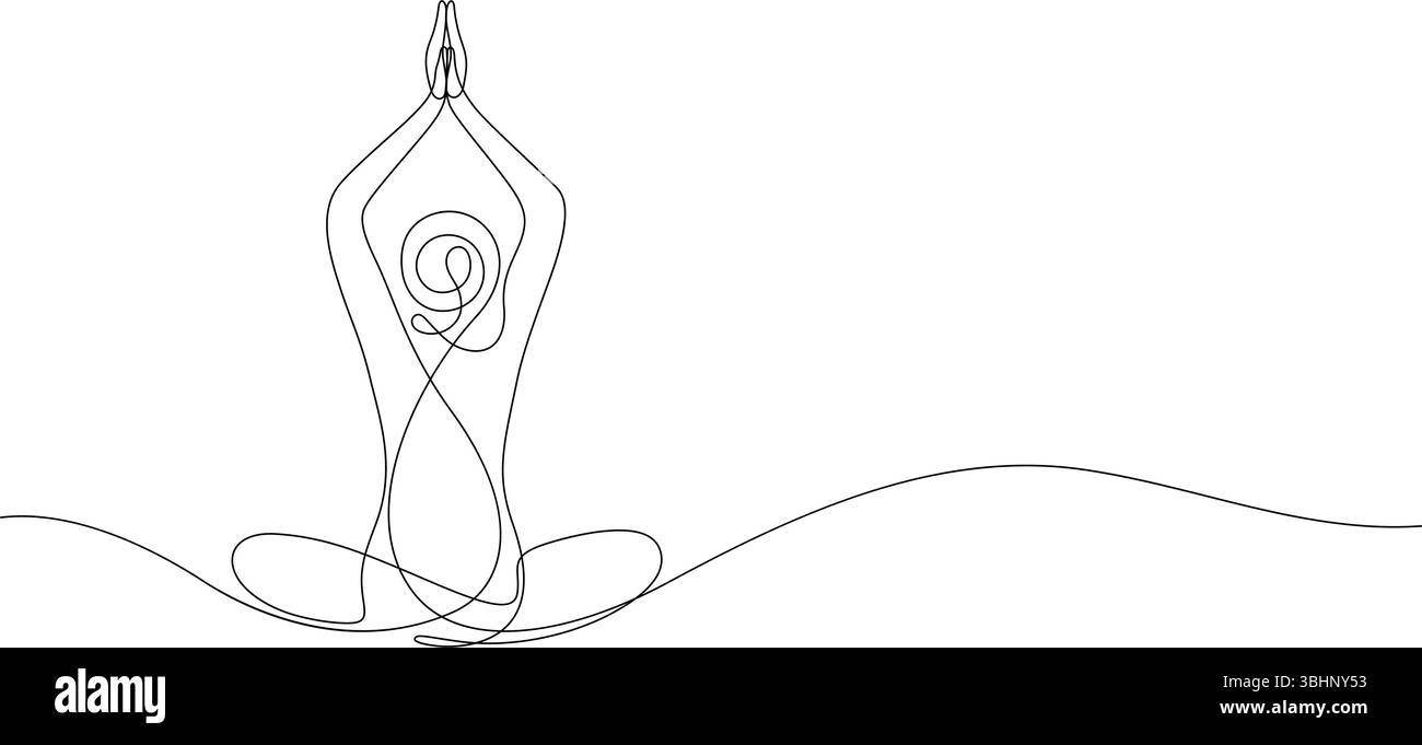 femme dans la pose de yoga équilibre asana lotus pose de fleur pratiquant à la main une ligne minimalisme continu Illustration de Vecteur