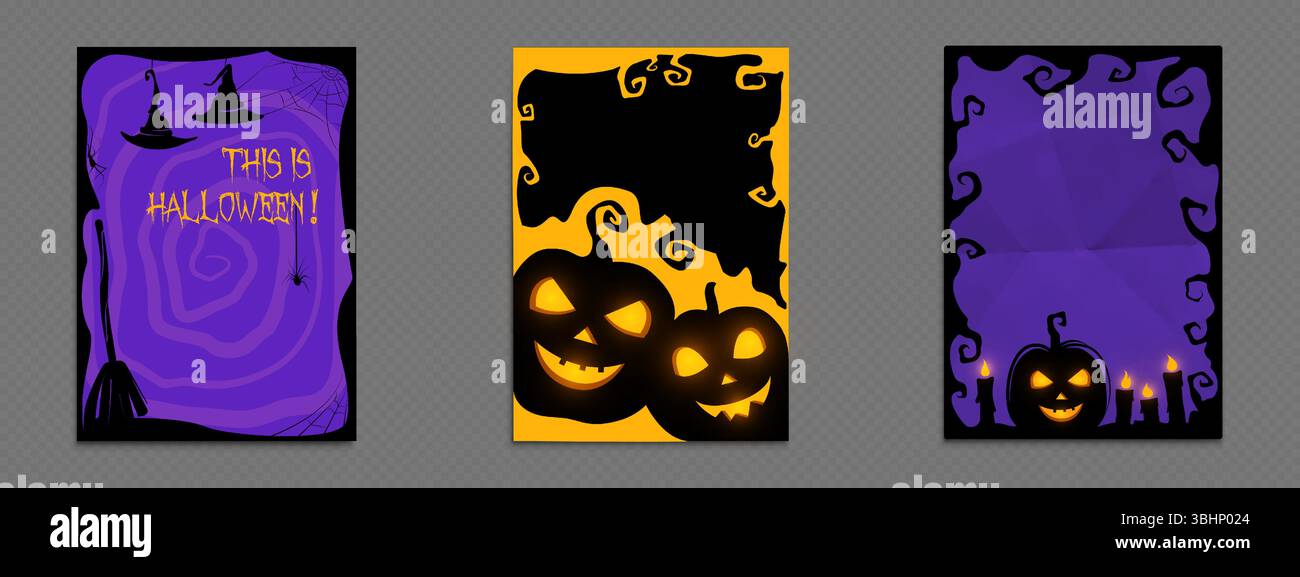 Modèles de cadre de médias sociaux d'Halloween - affiche de chapeau de sorcière violet avec toile d'araignée, orange jack o design de bordure de lanterne, citrouille effrayante et cartes d'invitation de bougie pour les messages de fête de vacances d'octobre. Illustration de Vecteur
