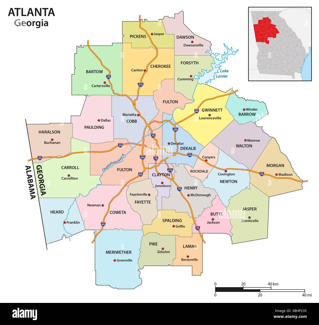 Carte administrative de la région métropolitaine d'atlanta, géorgie, états-unis Banque D'Images