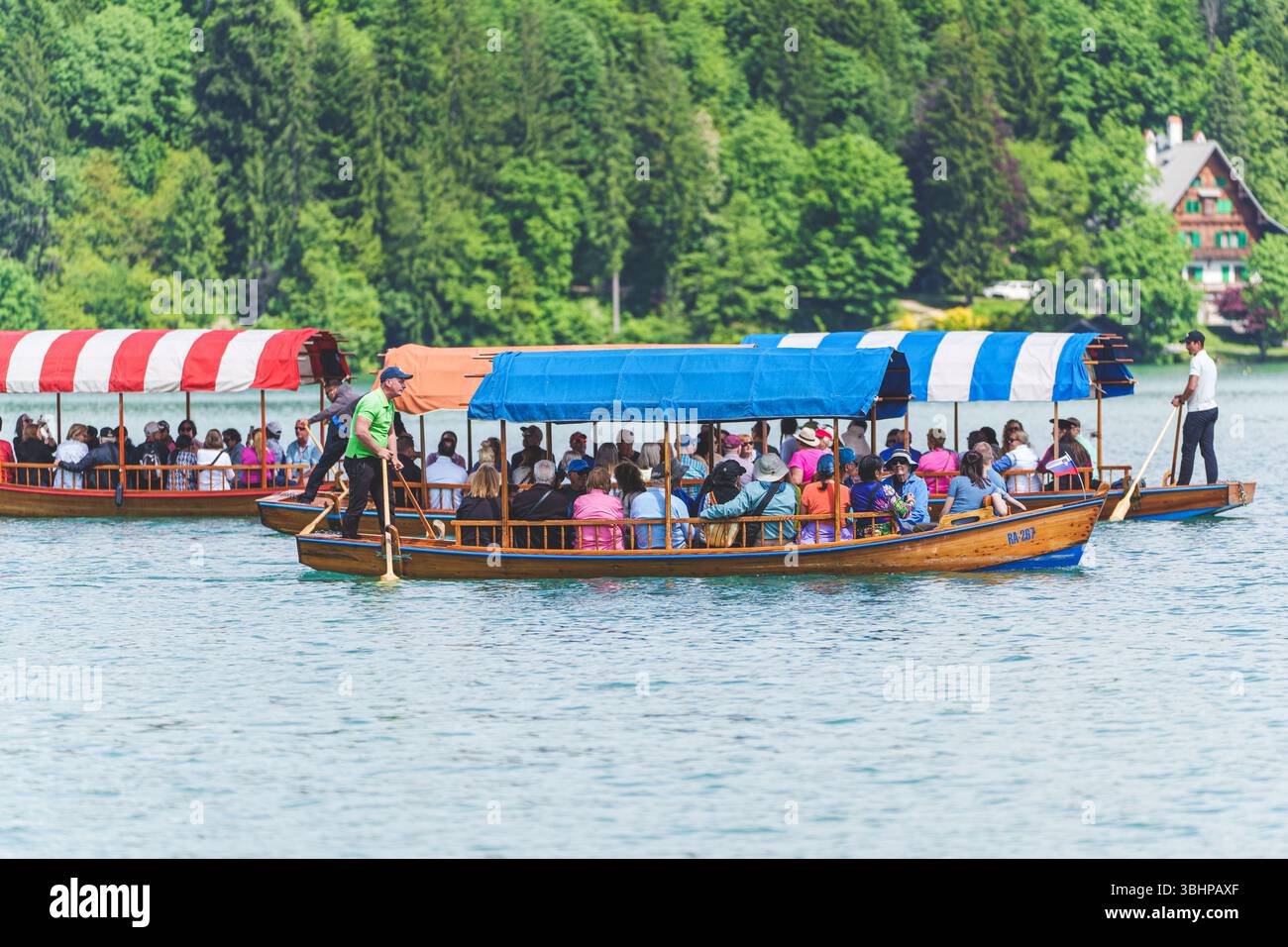 Touristes appréciant une promenade traditionnelle en bateau de pletna en bois sur le lac de Bled, Slovénie par une journée ensoleillée. Photo de haute qualité Banque D'Images