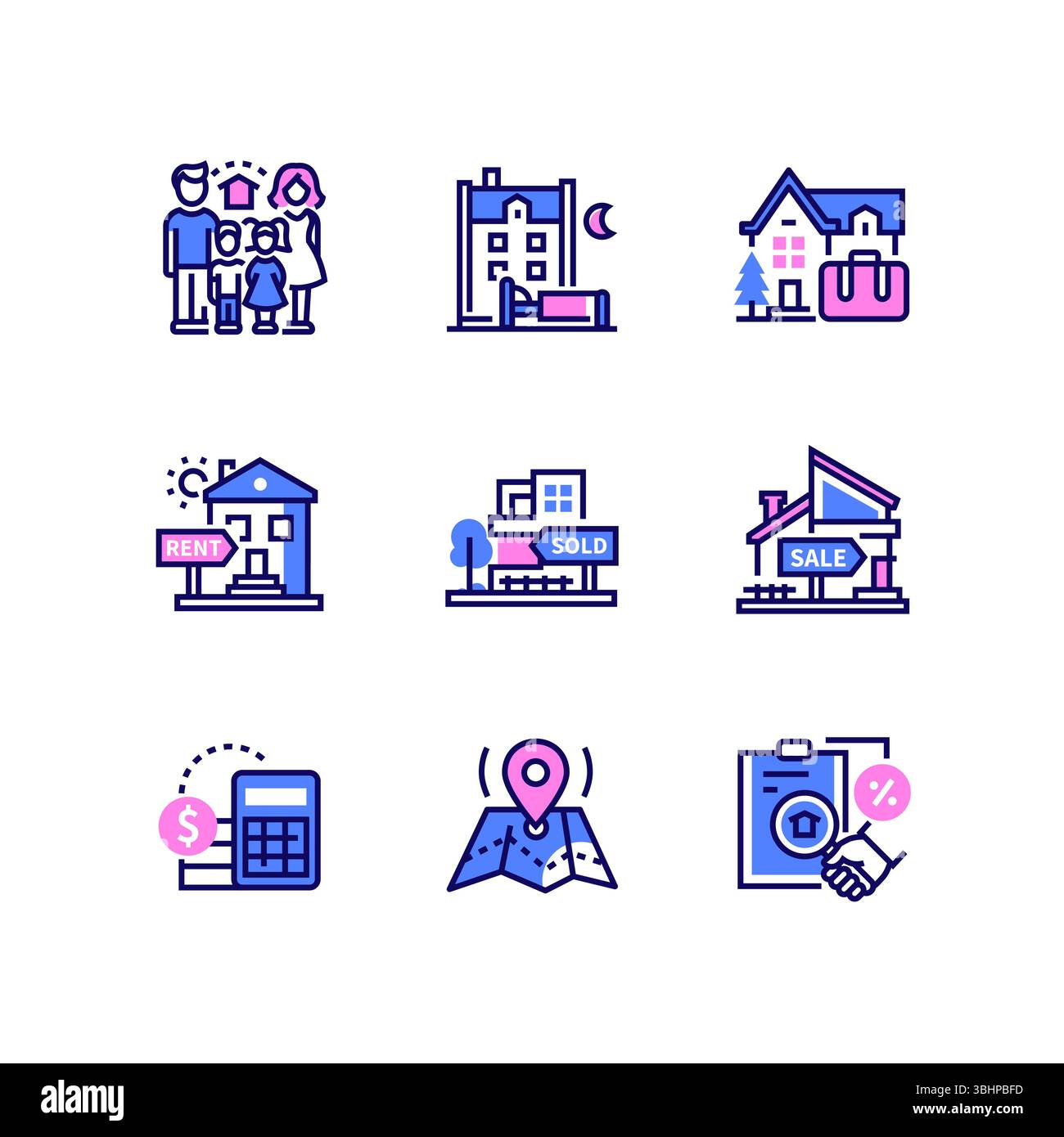 Vente et location résidentielles - ensemble d'icônes de style art au trait Illustration de Vecteur