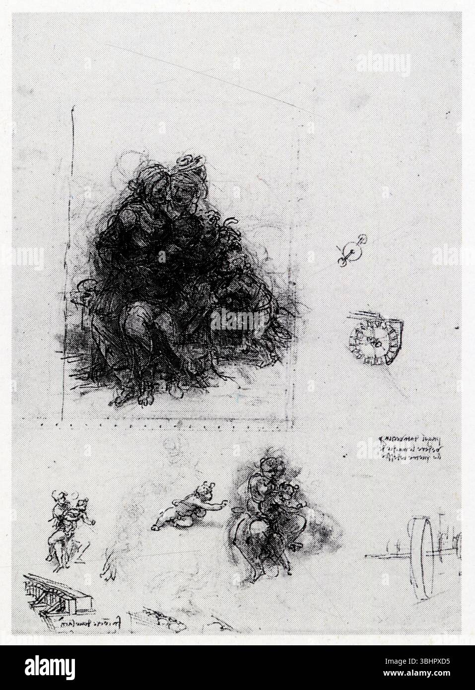 LEONARDO DA VINCI.SKETCH POUR LA VIERGE, ENFANT, ST.ANNE ET ST.JOHN.1508.PEN ET ENCRE, LAVER, REHAUSSÉ PAR ENDROITS AVEC DU BLANC, SUR LA CRAIE NOIRE.260 MM X 197 Banque D'Images