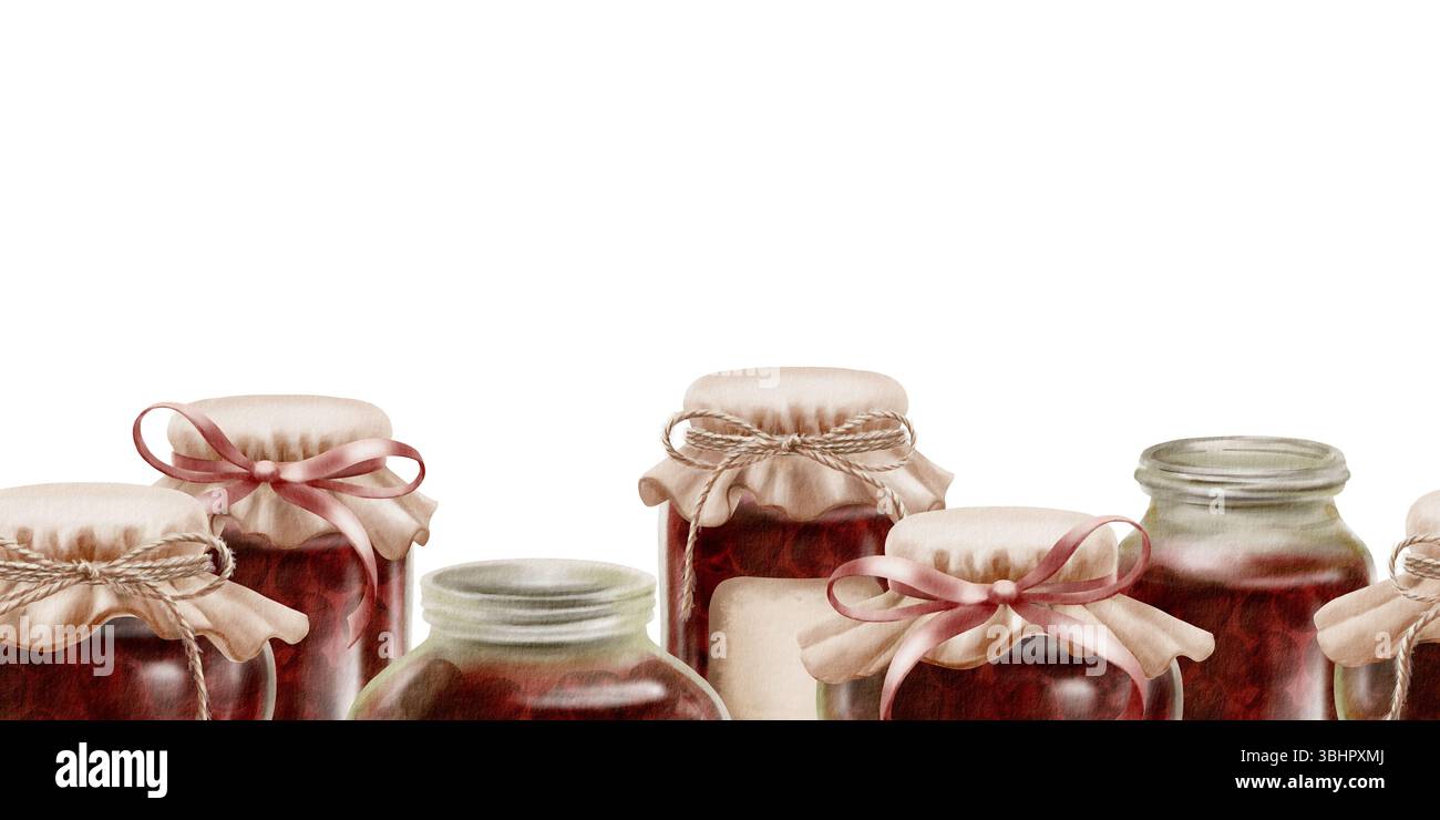 Confiture de cerises dans des pots en verre dans une bordure sans couture avec couvercles vintage en tissu, étiquette avec des rubans et de la ficelle dans un arc. Illustration d'aquarelle dessinée à la main sur un Banque D'Images