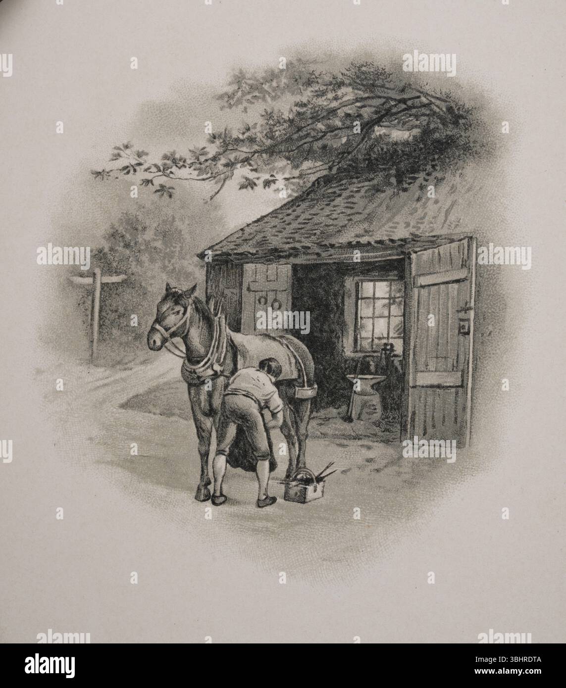 Farrier ou forgeron fermant un cheval de trait à l'extérieur de sa forge, illustration Vintage victorienne du XIXe siècle Banque D'Images