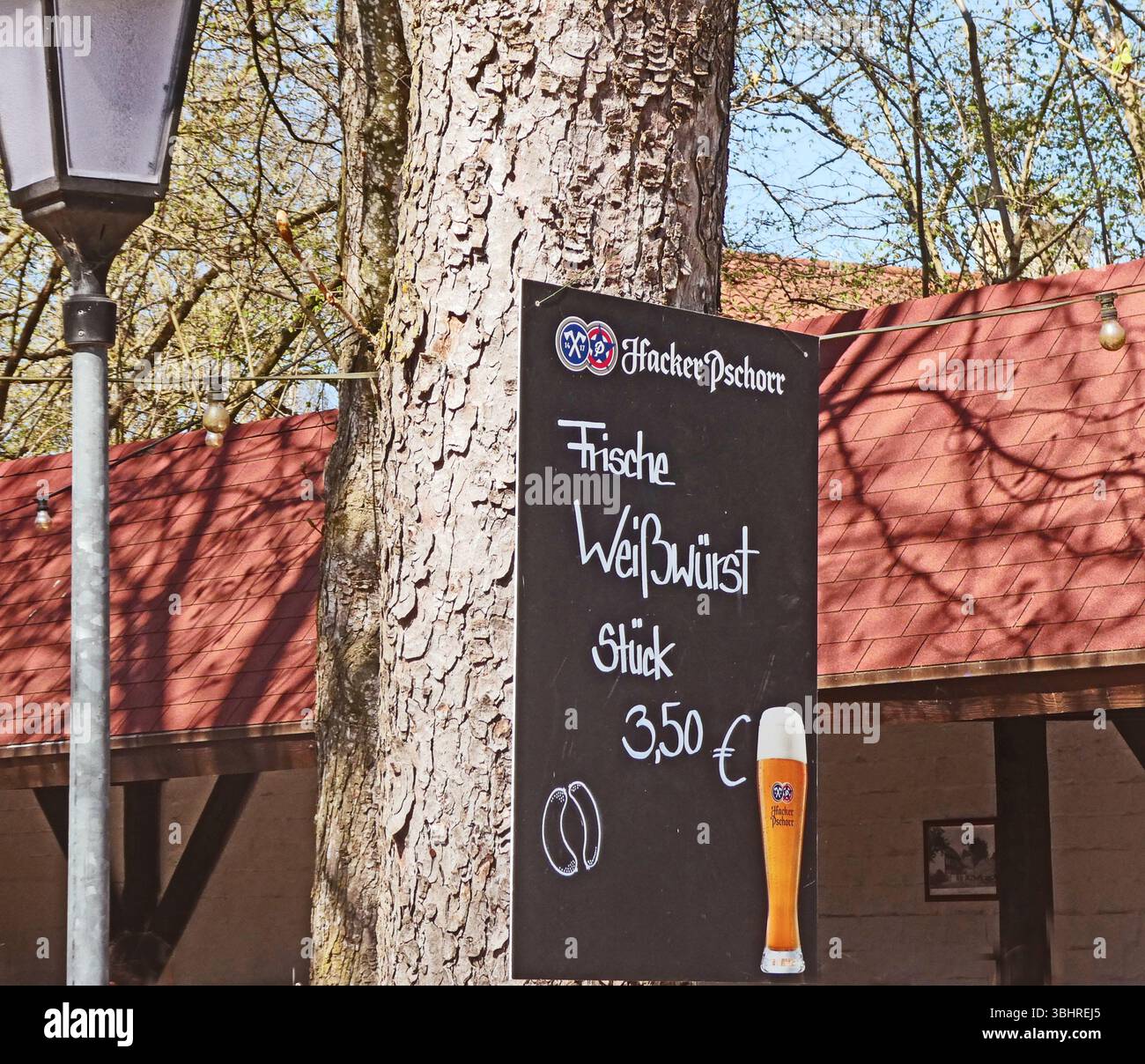 Café en plein air bavarois ouvert pour la saison : embarquez avec l'offre spéciale de jour (saucisses blanches fraîches de Munich) et la bière adv Banque D'Images