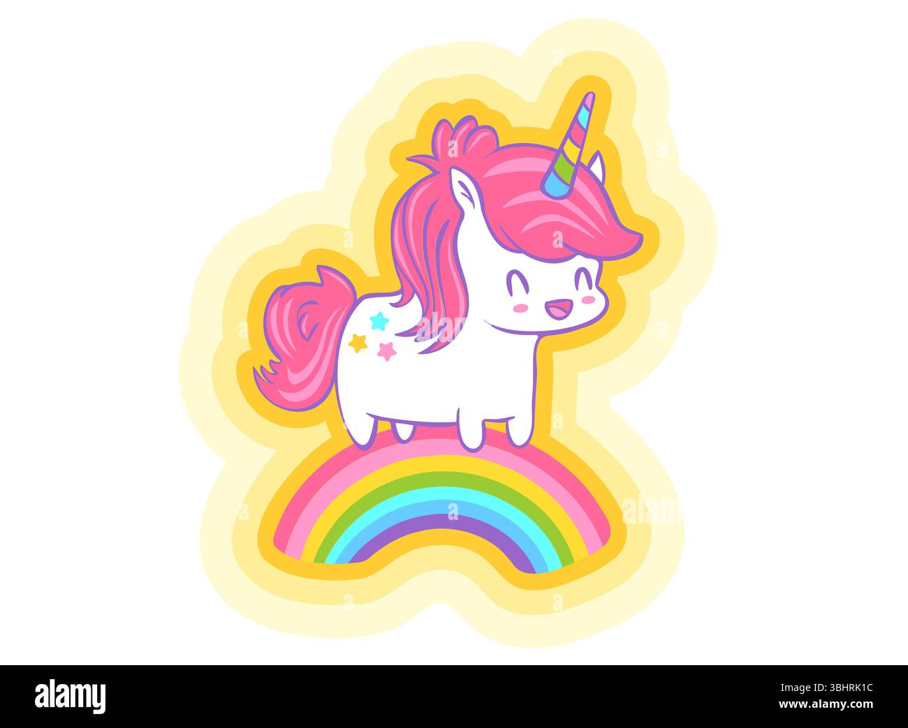 Carte de voeux vectorielle avec licorne mignonne et arc-en-ciel dans le style kawaii. Illustration vectorielle d'une licorne mignonne est dans l'arc-en-ciel Illustration de Vecteur