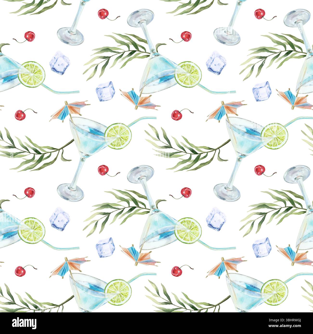 Boisson bleue tropicale, glaçons, cerise, feuilles de palmier sans couture. Illustration d'aquarelle dessinée à la main isolée. Cartes de vœux, invitations Banque D'Images