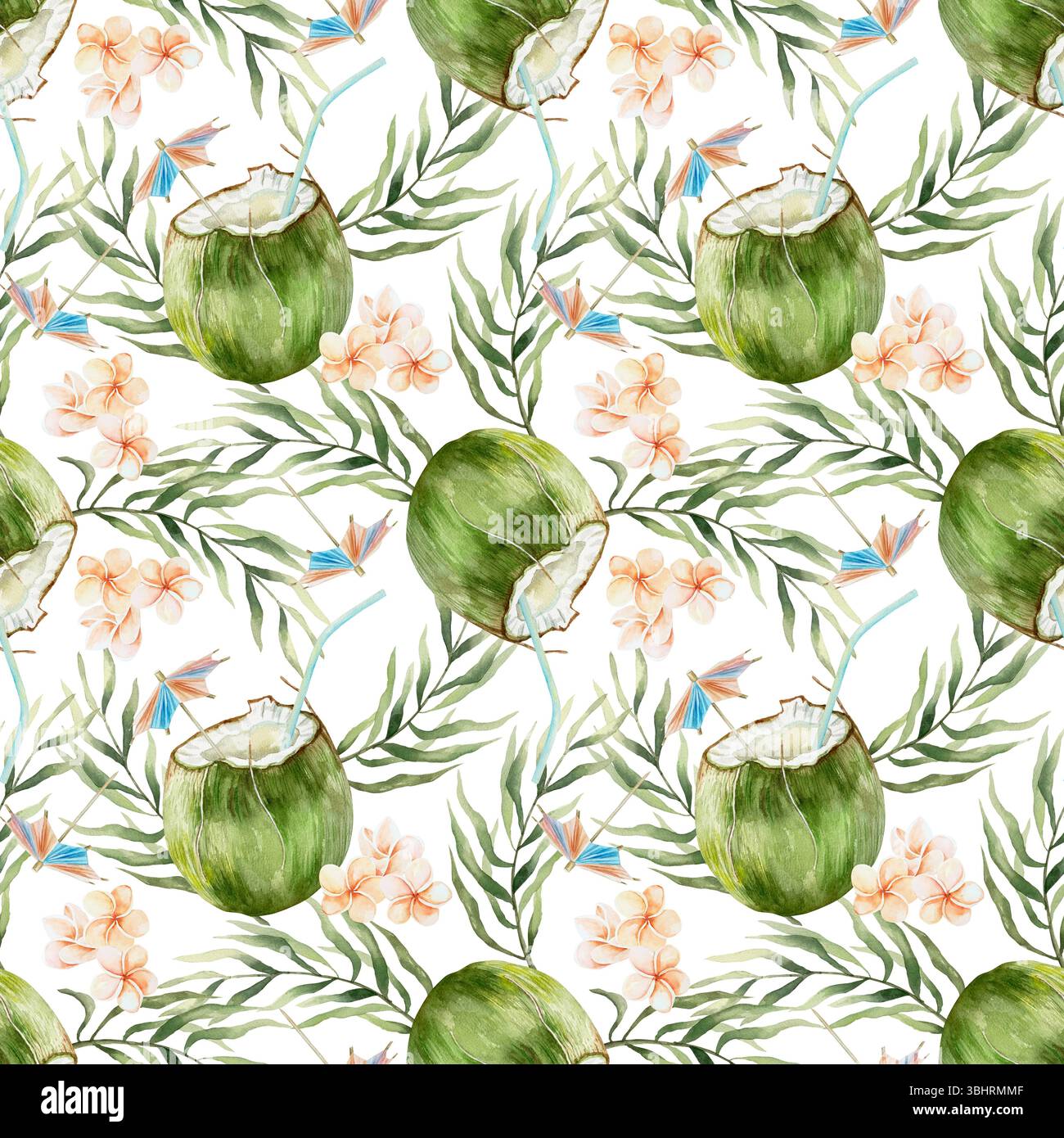 Boisson à la noix de coco, feuilles de palmier et fleurs de plumeria sans couture. Illustration d'aquarelle dessinée à la main isolée. Pour cartes de vœux, invitations Banque D'Images