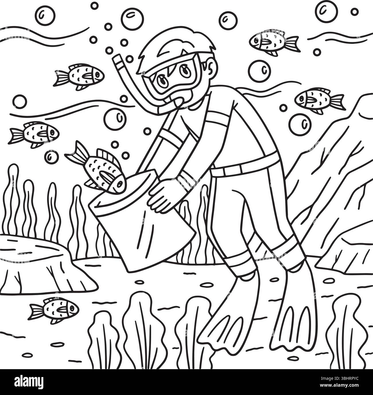 Plongée sous-marine mâle attrapant du poisson dans un sac Coloriage Illustration de Vecteur