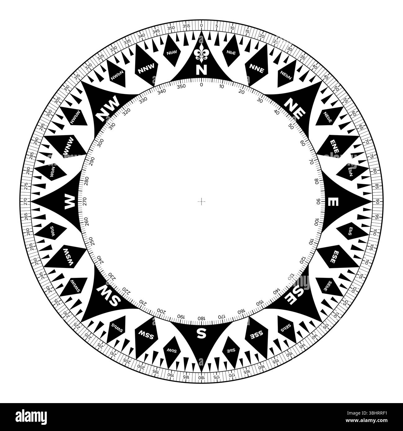 Rose de boussole, carte circulaire utilisée pour la navigation nautique. Rose des vents, divisée en 360 degrés numérotés, et en 32 divisions étiquetées, appelées points. Banque D'Images Rose de boussole, carte circulaire utilisée pour la navigation nautique. Rose des vents, divisée en 360 degrés numérotés, et en 32 divisions étiquetées, appelées points. Banque D'Images