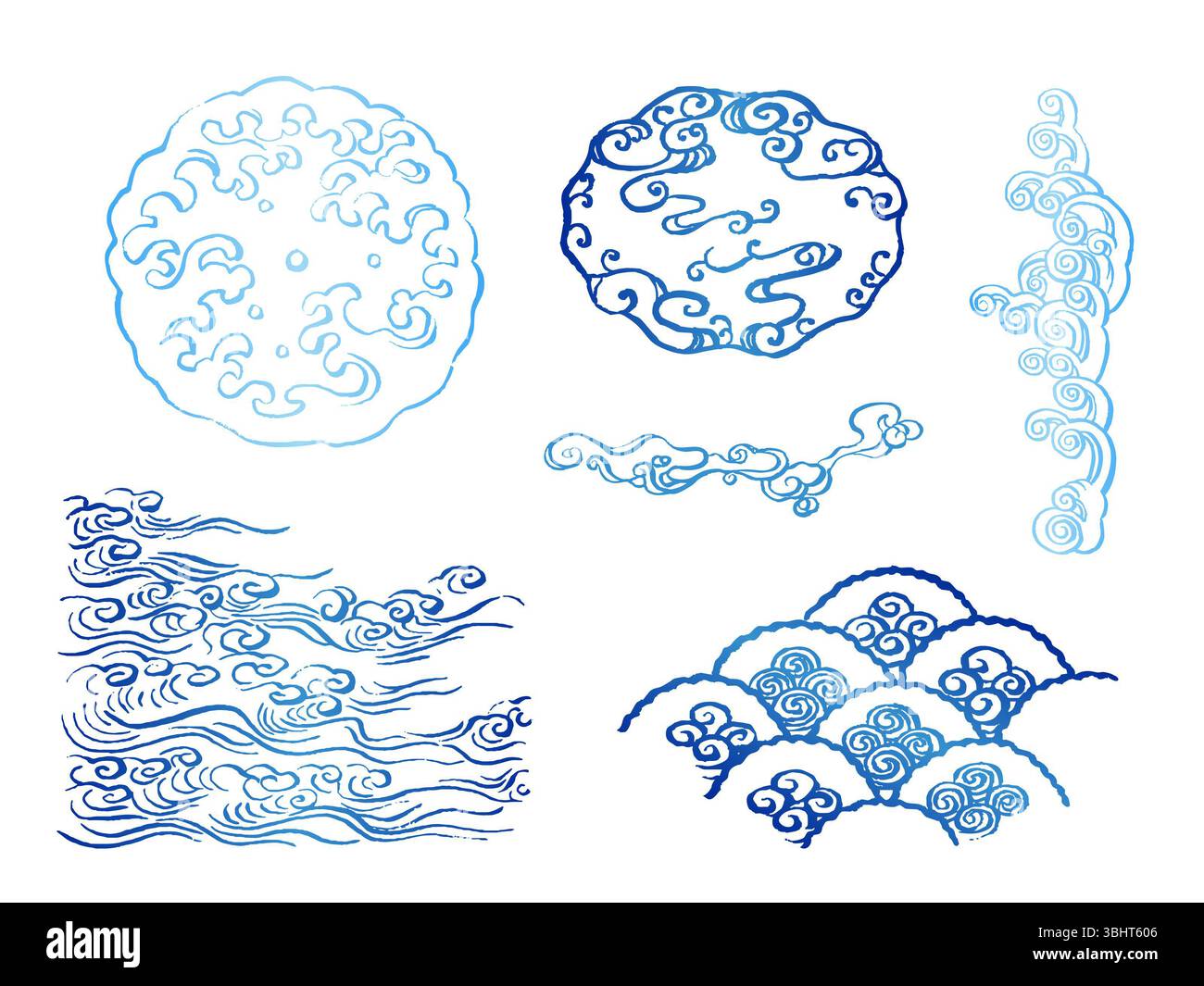 Illustration bleue de dessin au trait de style japonais. Ensemble d'ondes de coup de pinceau. Concept de la mer, jet d'eau, et tourbillons. Collection de vagues japonaises Banque D'Images