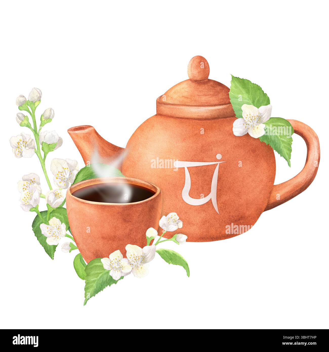 Théière en terre cuite et une tasse de thé avec thé chaud et symbole de chakra cœur sur sanskrit. Branches et brins de jasmin élégants avec fleurs blanches et gre Banque D'Images