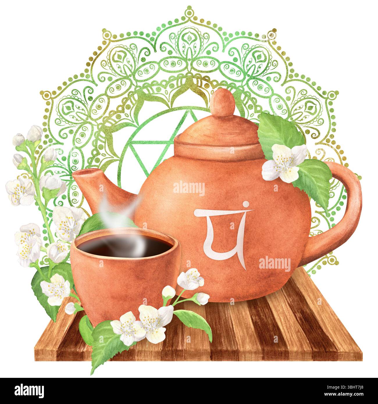 Théière en terre cuite et une tasse de thé avec du thé chaud sur un plateau en bois et des brindilles de jasmin avec des fleurs blanches et des feuilles. Chakra cœur vert doré anahata w Banque D'Images