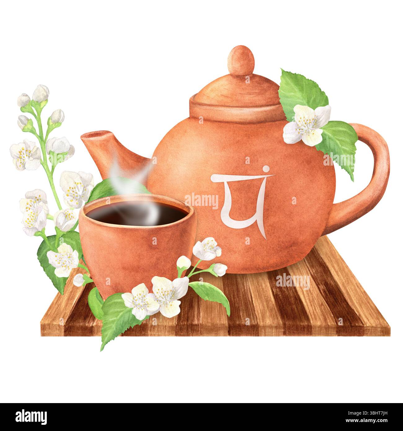 Théière en terre cuite et une tasse de thé avec du thé chaud sur un plateau en bois. Symbole du chakra du cœur sur le sanskrit. Jasmin élégant avec fleurs blanches et feuilles vertes Banque D'Images