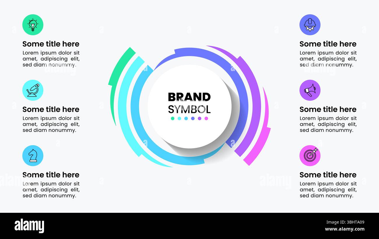 Modèle infographique avec icônes et 6 options ou étapes. Cercle abstrait. Peut être utilisé pour la mise en page de flux de travail, diagramme, bannière, webdesign. Illustration vectorielle Illustration de Vecteur