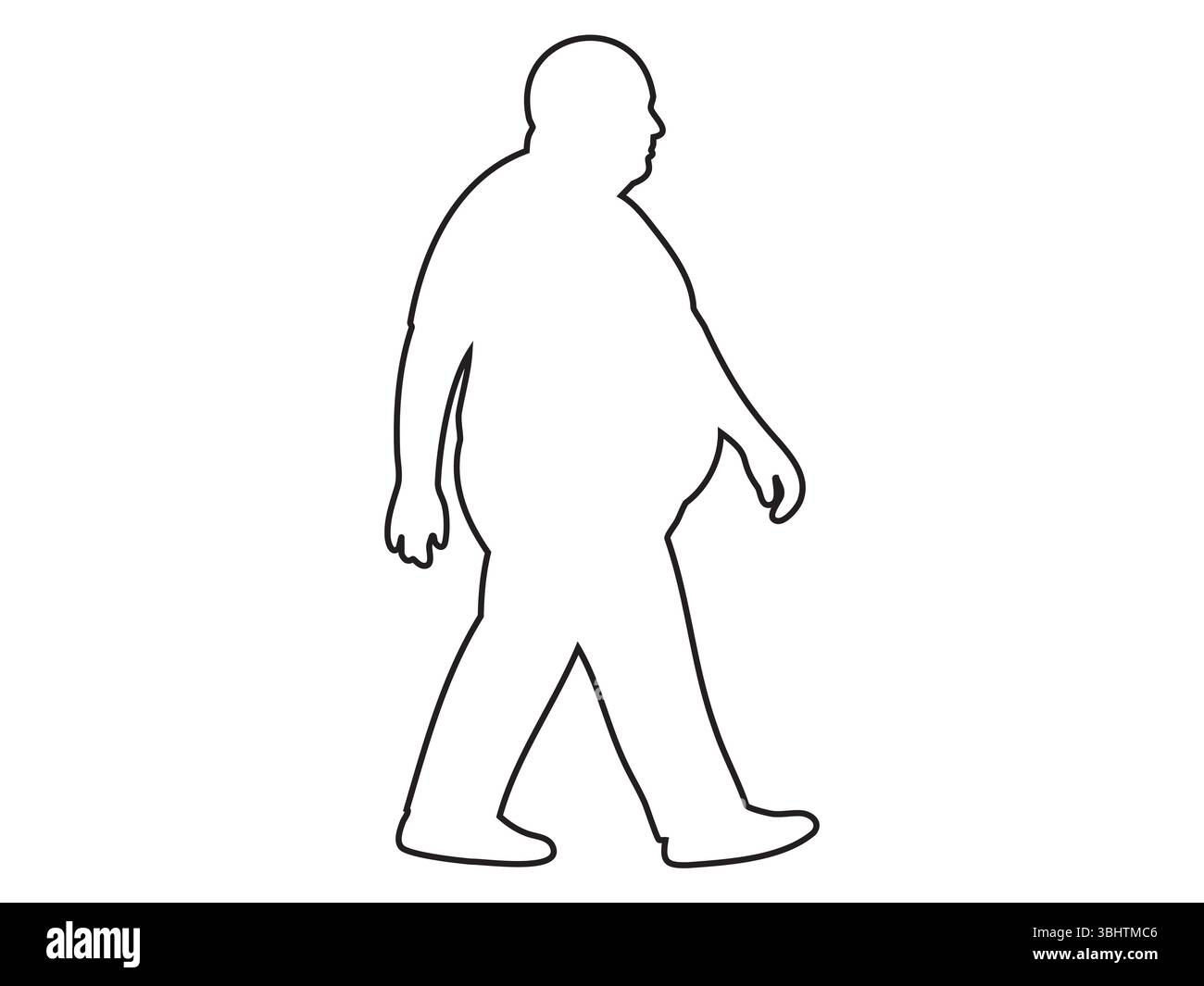Icône de contour noir de l'homme d'âge moyen en surpoids marchant isolé sur fond blanc. Concept de vieillissement, mâle adulte mature, diversité corporelle, figu humain Illustration de Vecteur