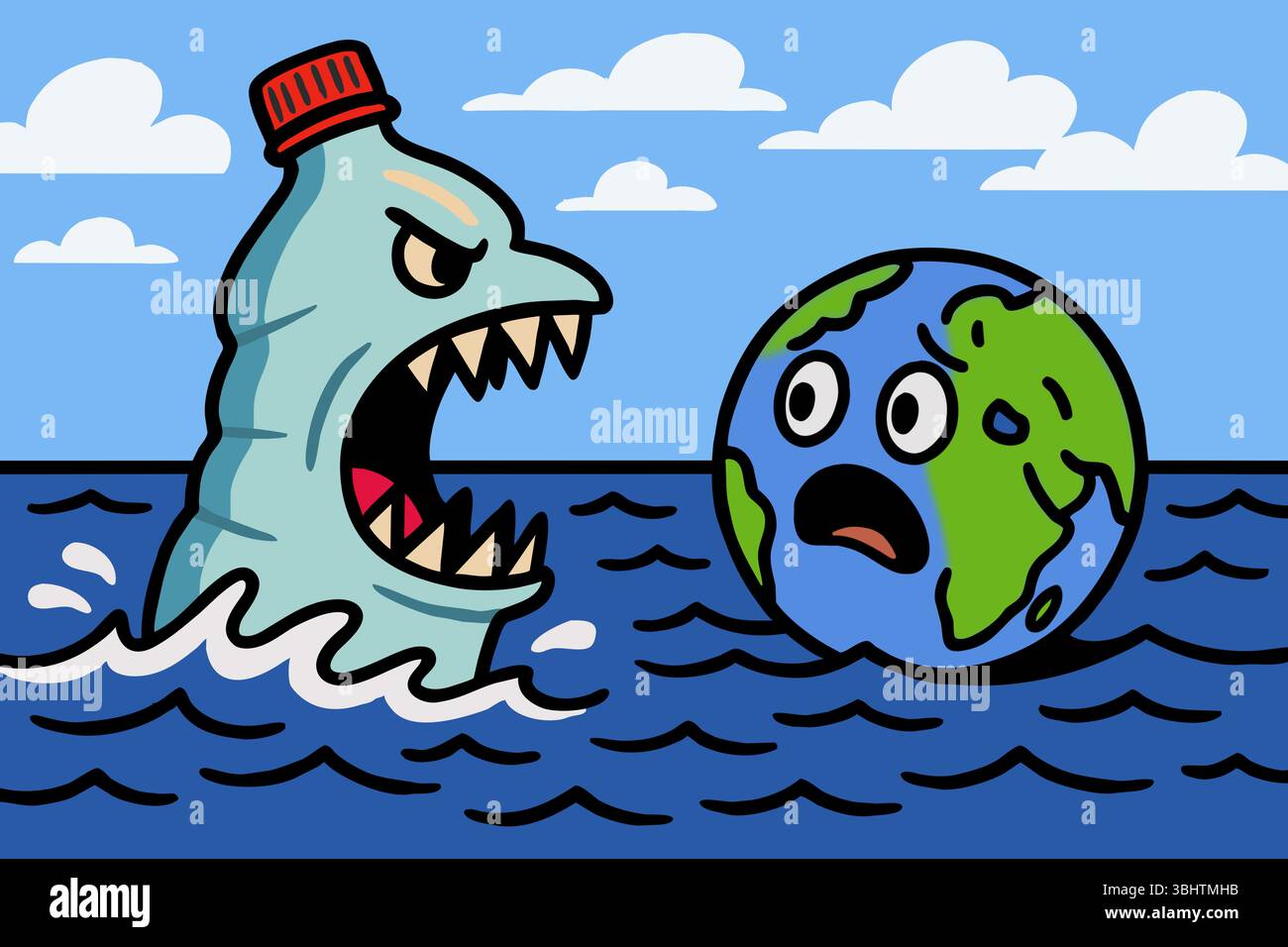 Une bouteille en plastique féroce avec des dents tranchantes flotte vers une boule terrifiante de la Terre - un avertissement frappant sur la pollution de l'océan. Banque D'Images