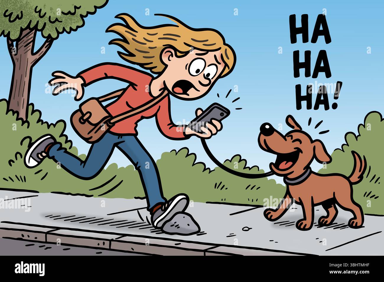 Une femme de style comique voyage sur une pierre tout en regardant son téléphone. Son chien sourit malicieusement, comme s'il se moquait d'elle. Banque D'Images