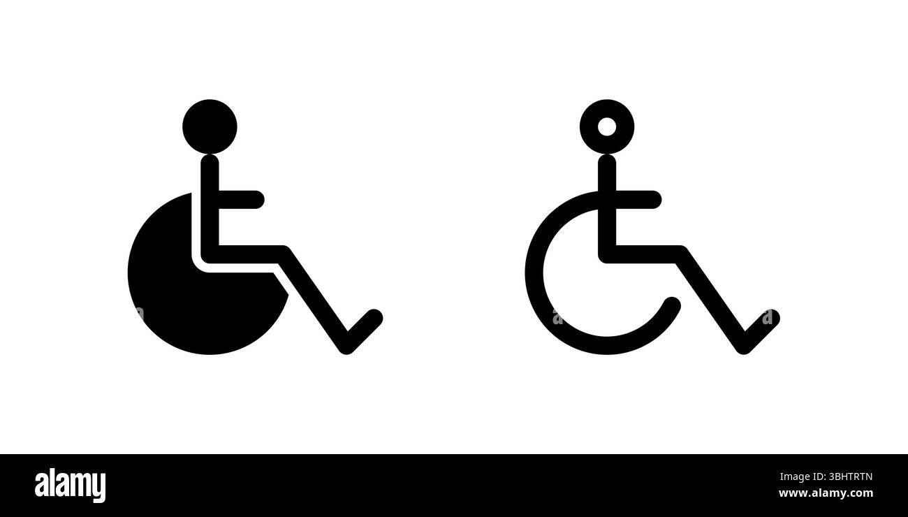 Jeu d'icônes de handicap. Glyphe noir et icône de contour d'un fauteuil roulant, représentant l'accessibilité. Illustration de Vecteur