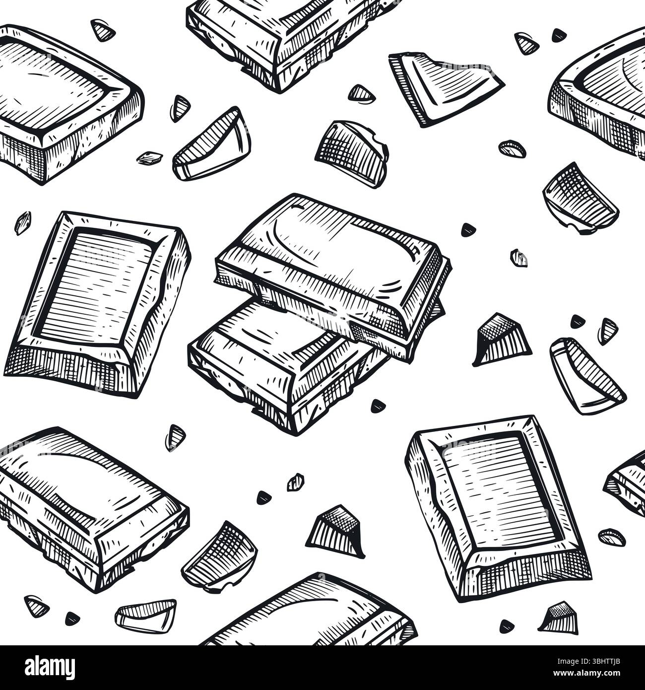 Chocolat, tranches et morceaux de chocolat, barre de chocolat, tous les objets sont dessinés à la main en vecteur en gris foncé. Motif vectoriel sans couture. Convient pour Illustration de Vecteur