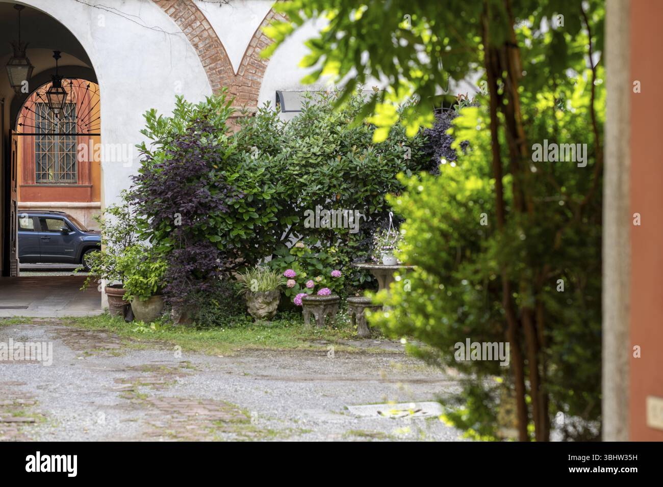 Une vue sereine sur un jardin d'arrière-cour avec des bancs de pierre verdoyants et un aperçu d'une porte voûtée ajoutant une touche de beauté architecturale Banque D'Images Une vue sereine sur un jardin d'arrière-cour avec des bancs de pierre verdoyants et un aperçu d'une porte voûtée ajoutant une touche de beauté architecturale Banque D'Images