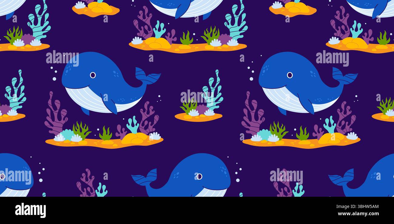 Motif Seamless Sea avec mignonne baleine bleue et algues végétales sur fond violet foncé. Illustration horizontale vectorielle dans un style plat. Collection enfants Illustration de Vecteur